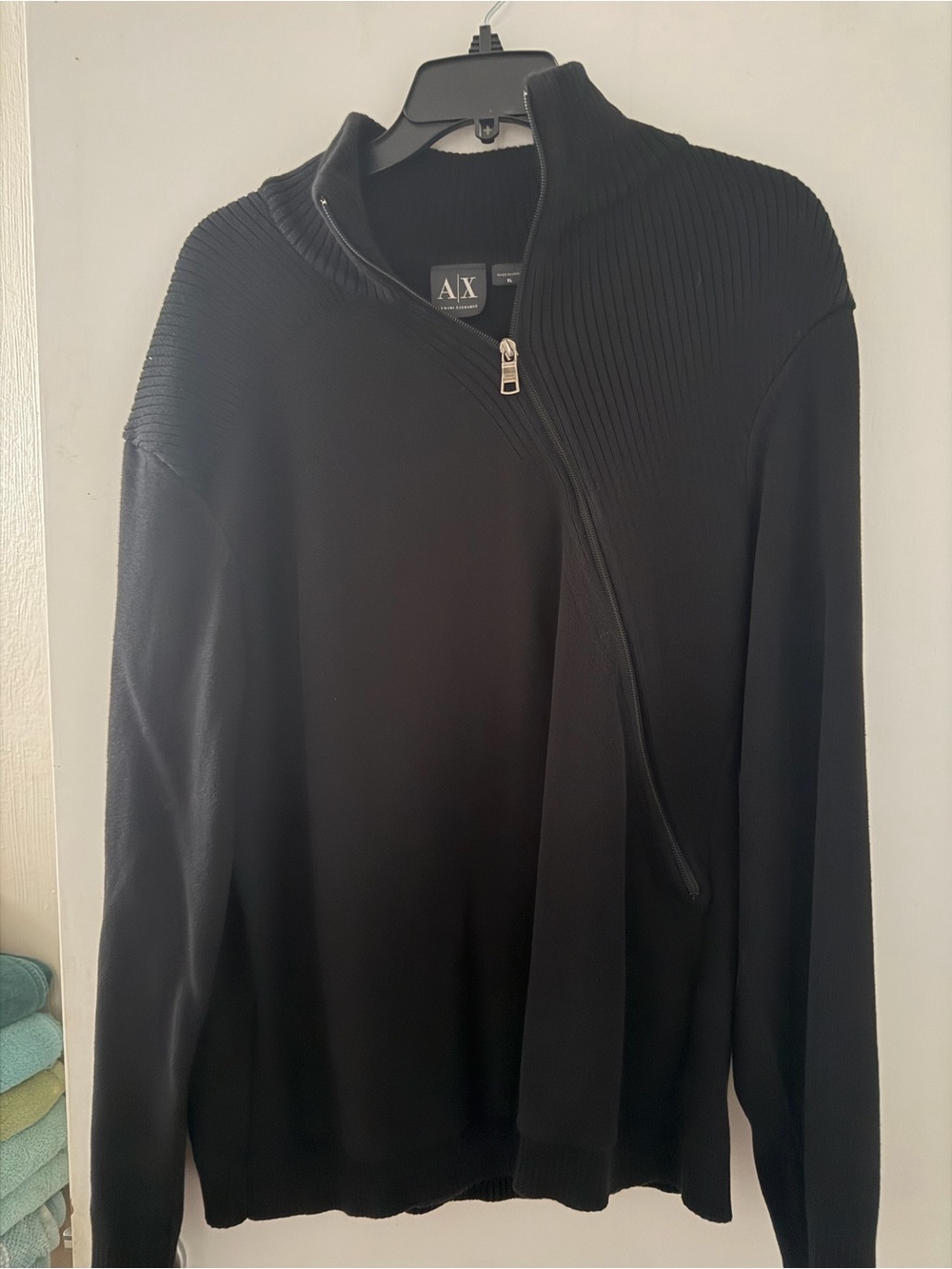 A/X Armani Exchange Black Ribbed-Shoulder Asymmetric Zip Jacket